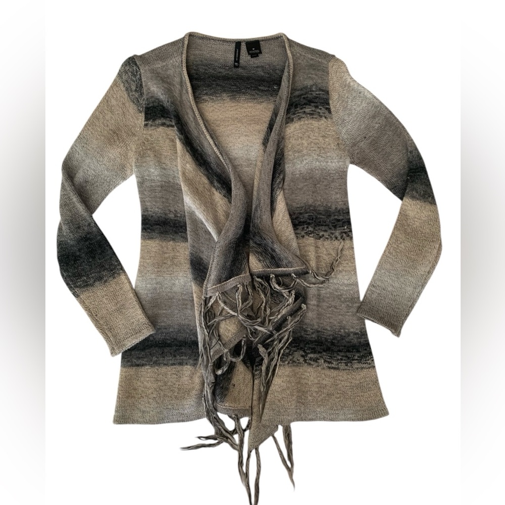 New Directions Fringe Open Front Cardigan Sweater Women's M Tan Grey Stripe
